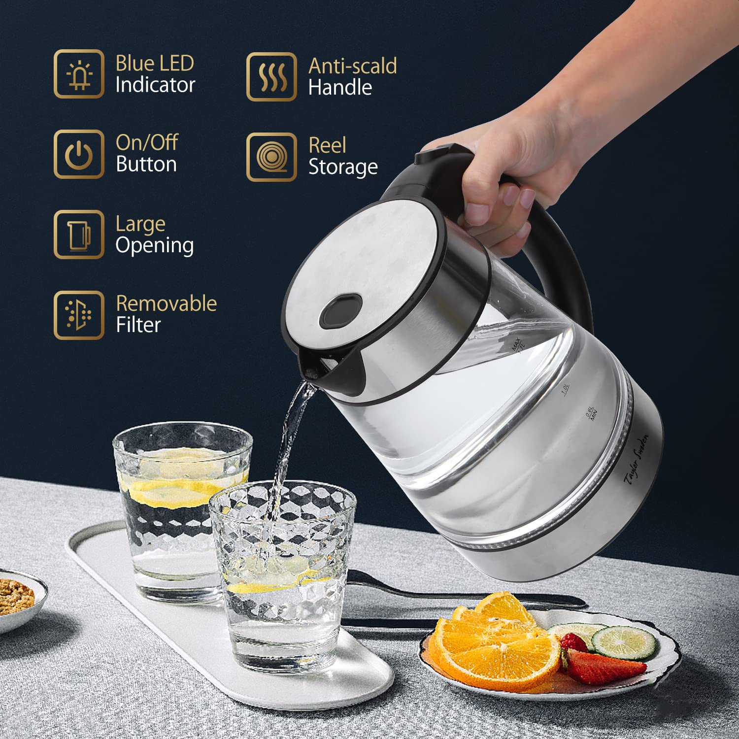 Taylor Swoden glass kettle with illuminated base; monitor boil at a glance.