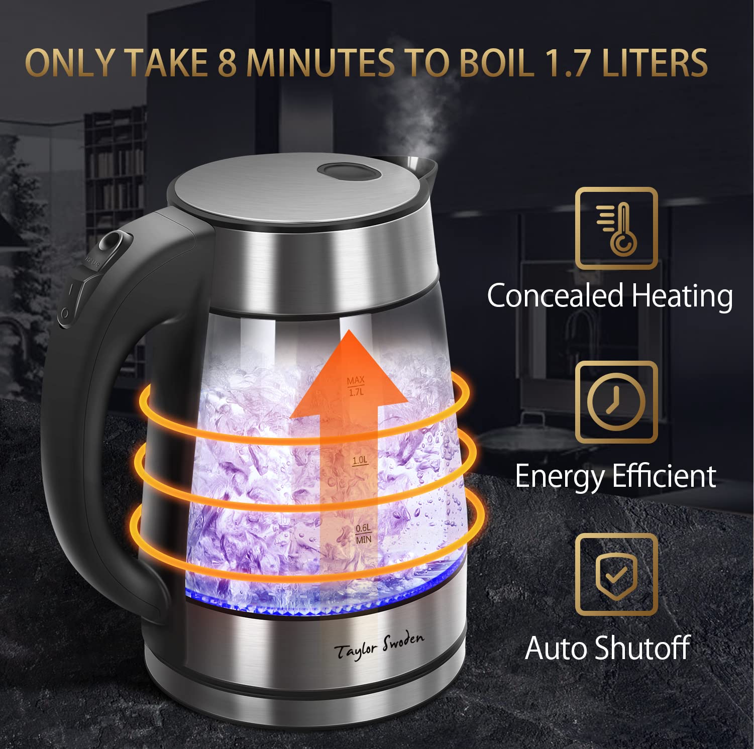 Taylor Swoden glass kettle wide mouth; easy filling and effortless cleaning.