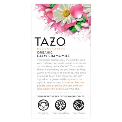 TAZO Calm Chamomile packaging box highlighting organic and kosher certifications.
