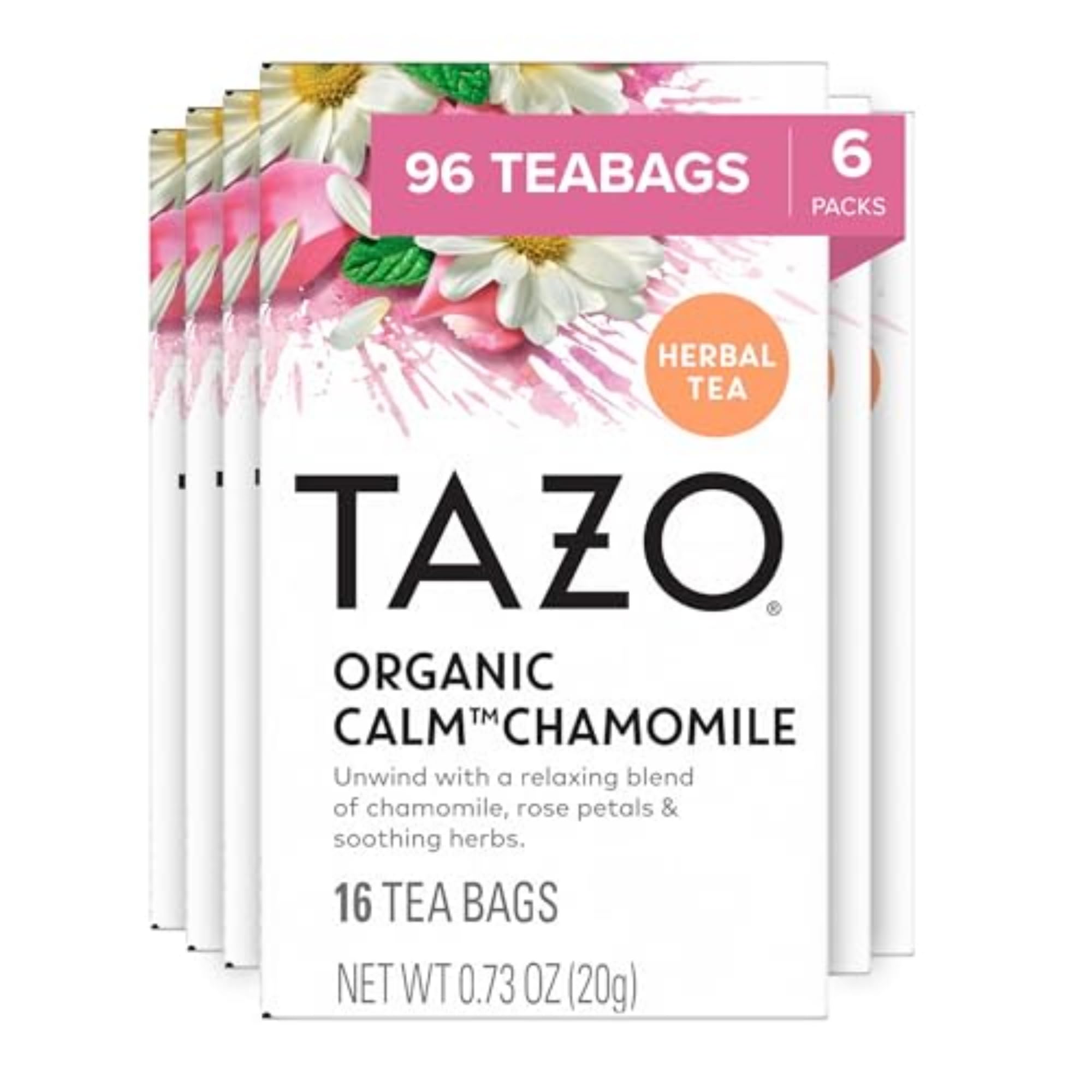 TAZO Calm Chamomile tea bags ready to brew for a soothing cup.