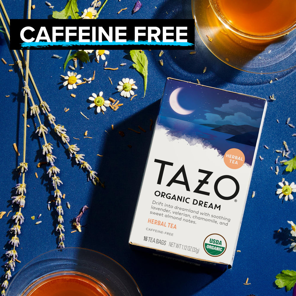 TAZO DREAM chamomile-lavender blend steeping for relaxation before bed.