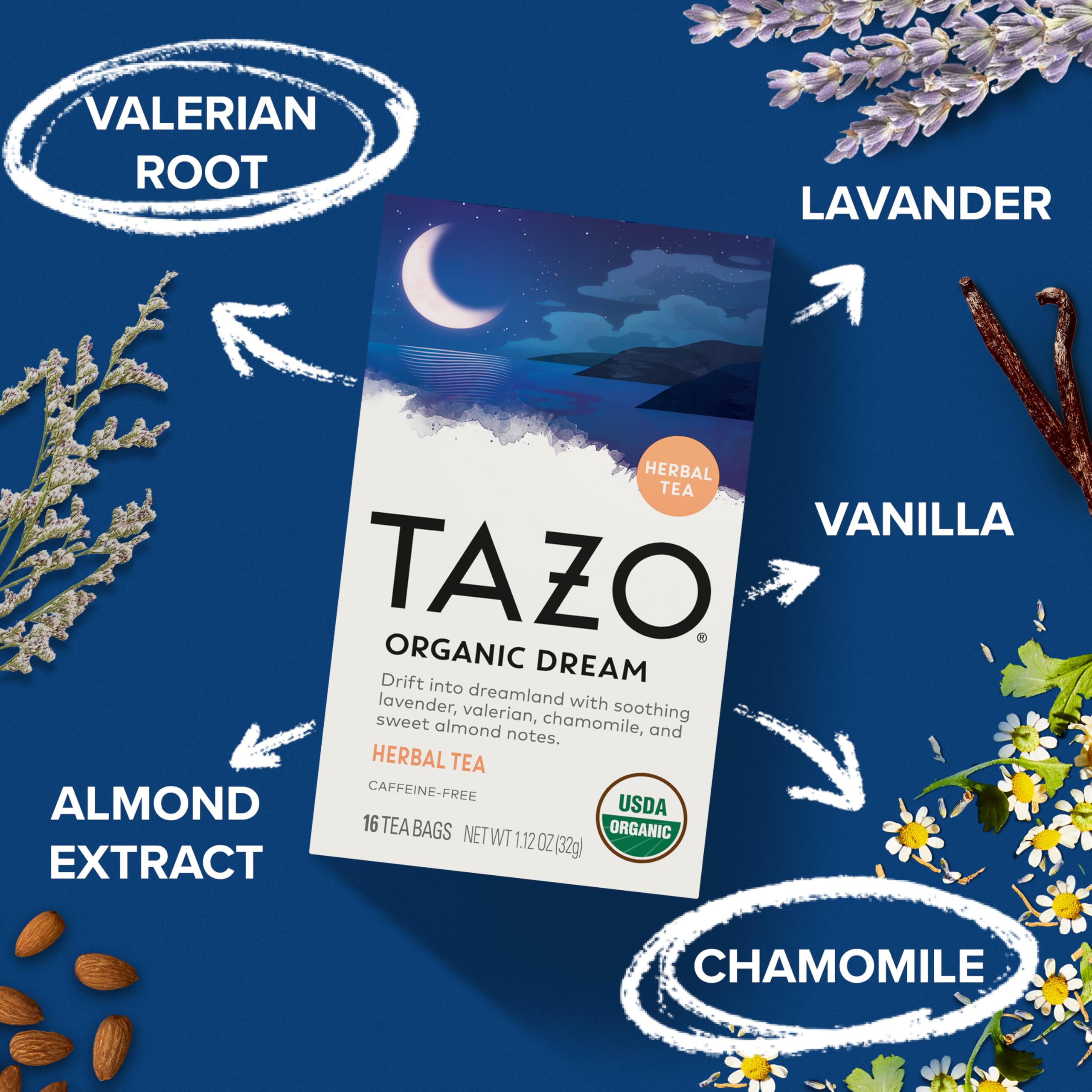 TAZO DREAM packaging highlights organic blend and calming botanicals.