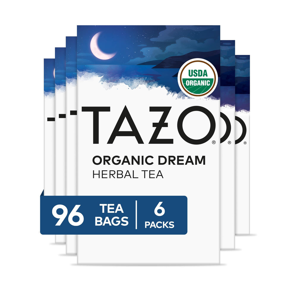 TAZO DREAM tea bag in cup for a calming nighttime ritual.