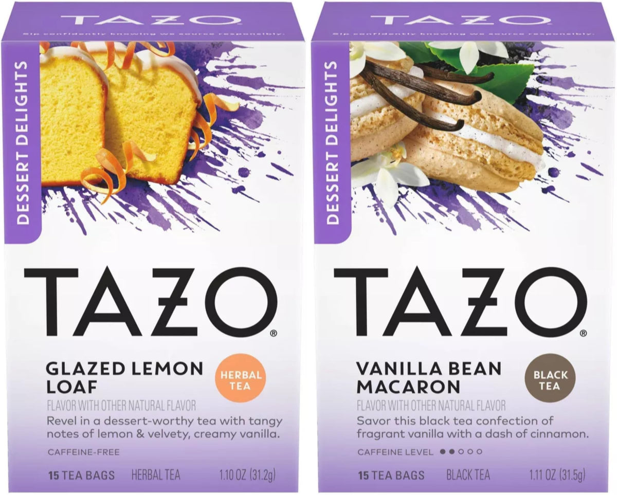 TAZO Glazed Lemon Loaf Herbal Tea bag showing citrus aroma for a calming caffeine-free cup.