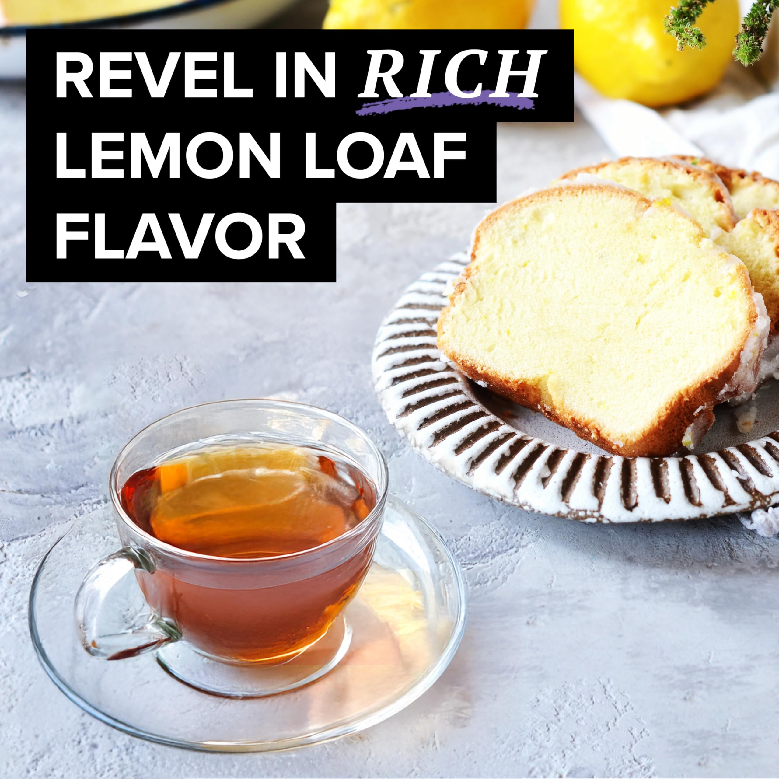 Row of Glazed Lemon Loaf tea bags lined up for brewing