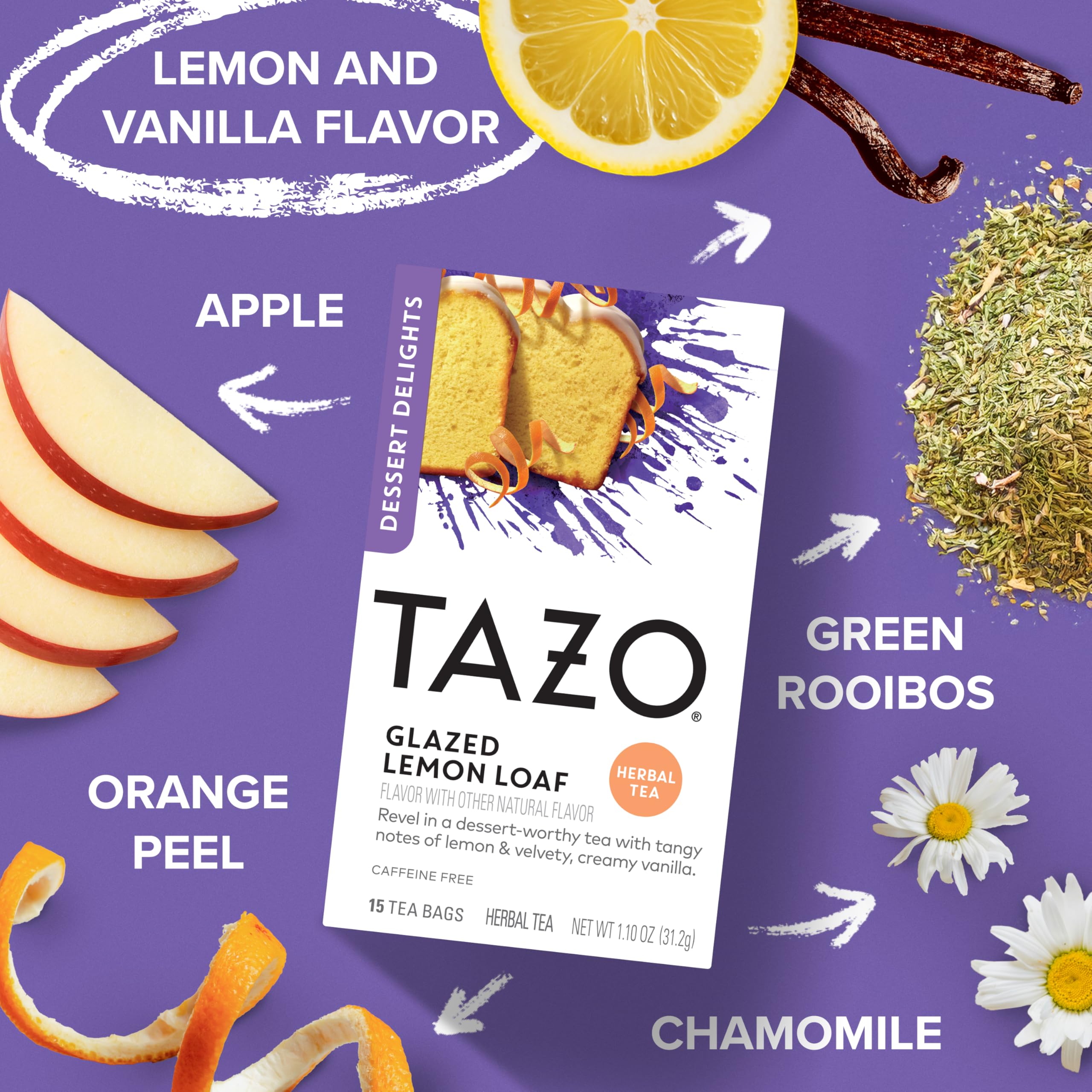 Box of Glazed Lemon Loaf tea packaging showing 15 bags per box