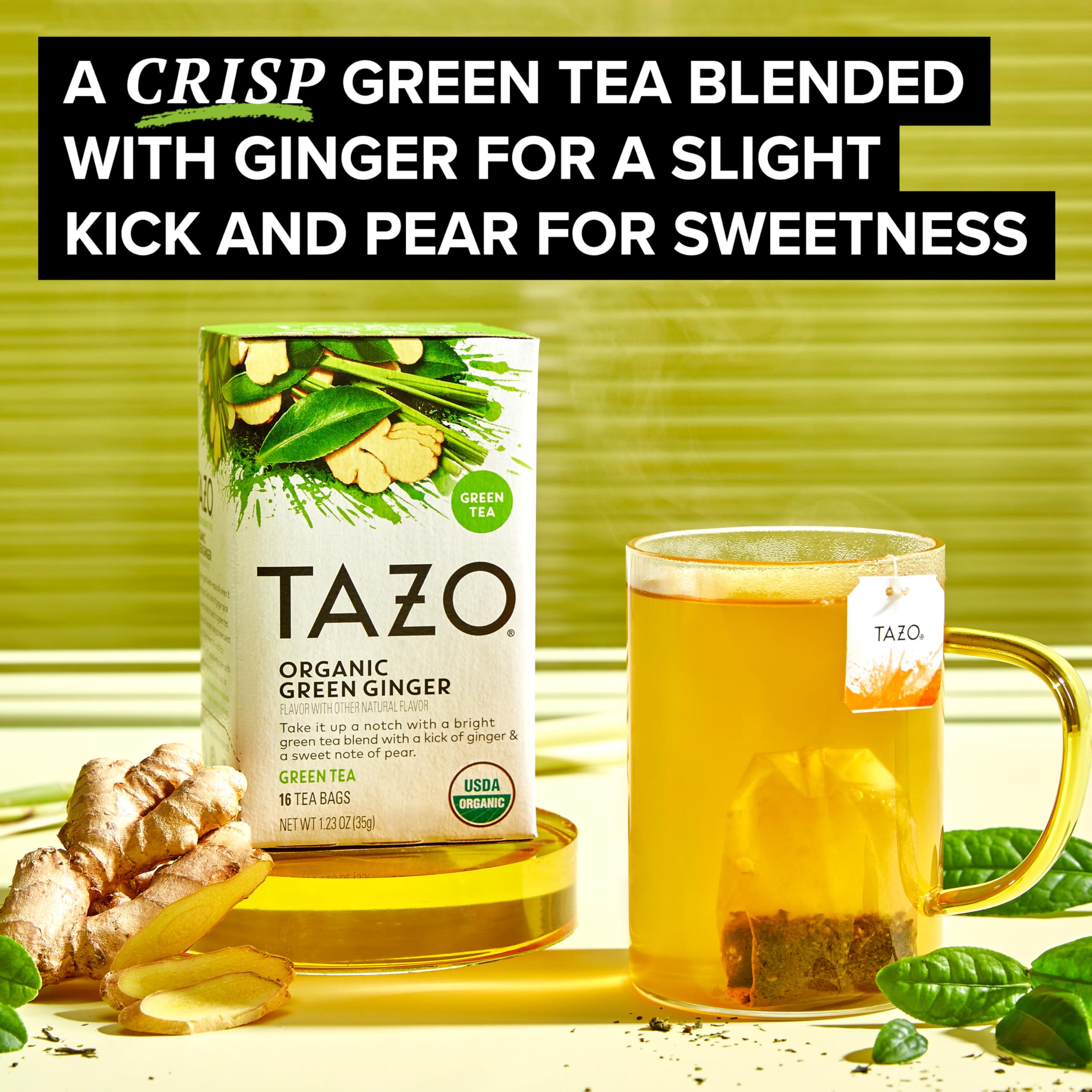 TAZO Green Ginger cup steaming captures inviting aroma and warmth in hot moments