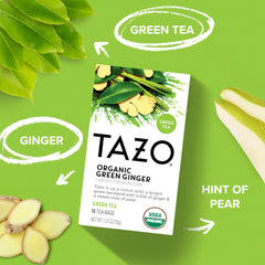 TAZO Green Ginger tea brewing setup illustrates easy five-minute steep for a comforting cup