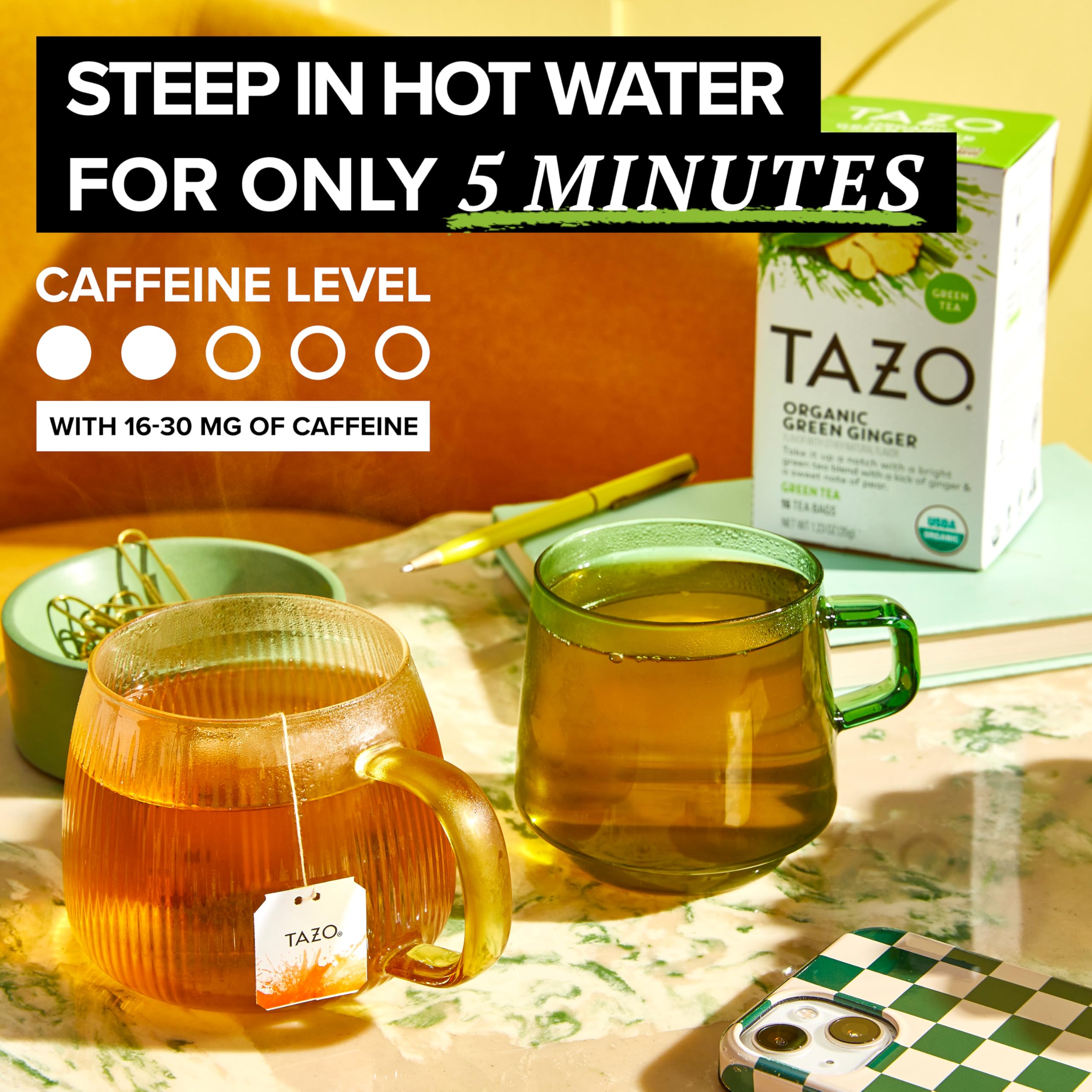 TAZO logo and packaging image reinforces the trusted organic tea with certifications