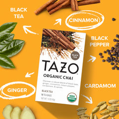 Hot water steeping a TAZO chai tea bag for a cozy cup.