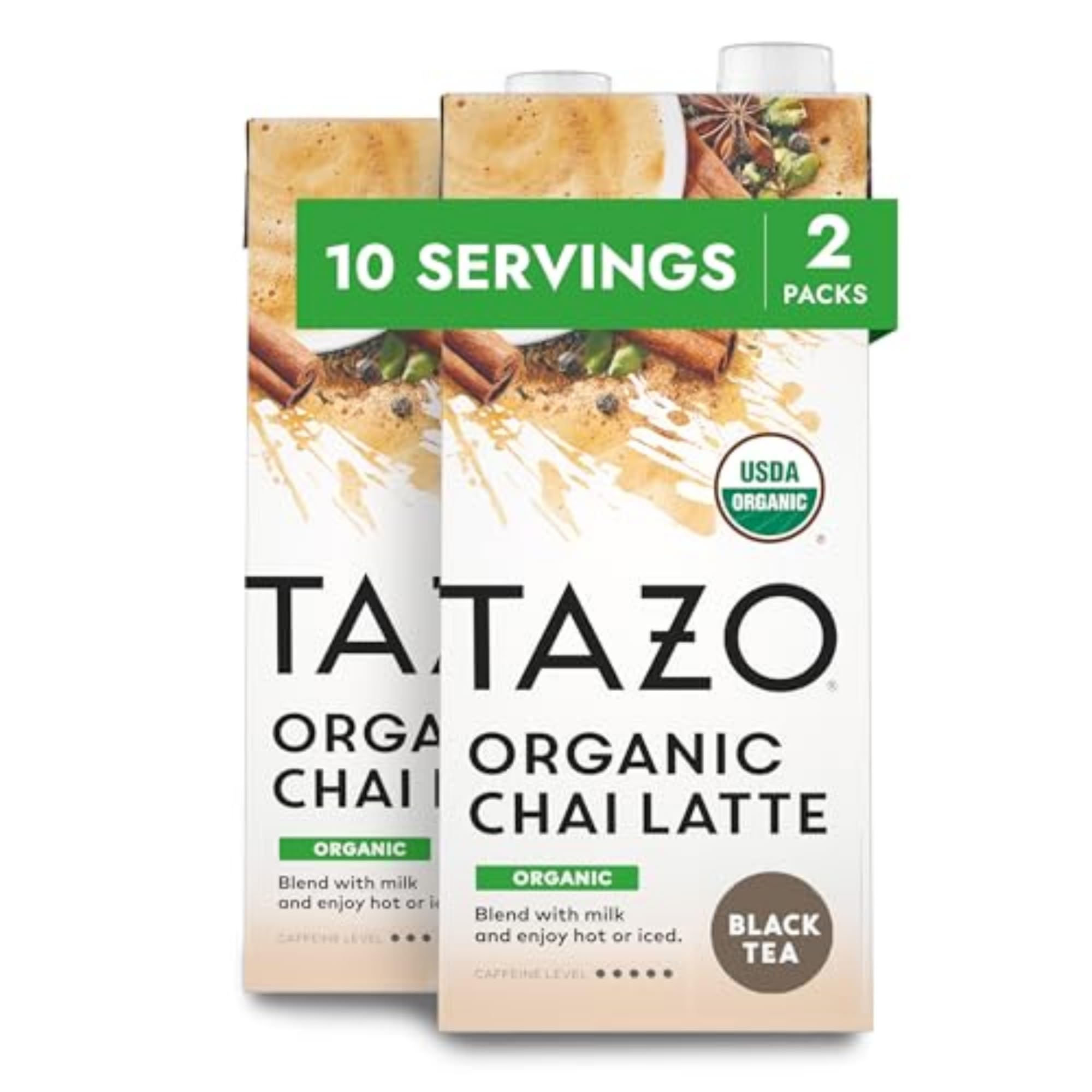 TAZO Organic Chai Latte concentrate bottle pour highlights bold flavor and quick prep.