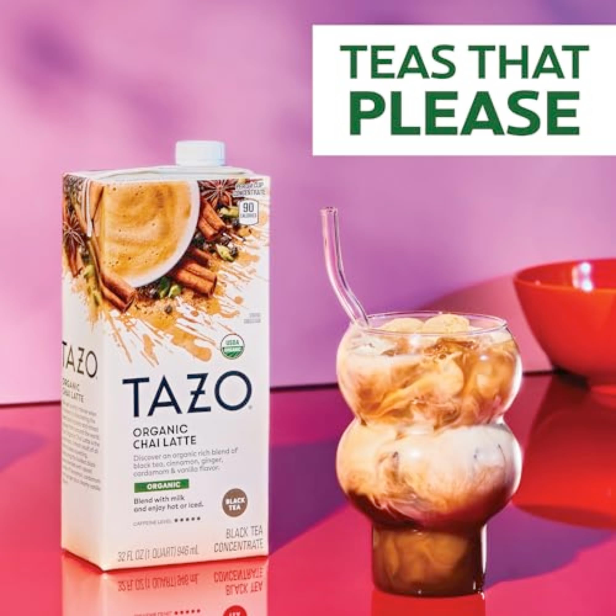 Hot chai served from TAZO Organic Chai Latte concentrate in a mug.