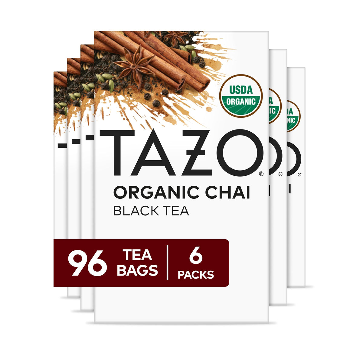 TAZO Organic Chai tea bags in six-pack boxes for quick mornings.