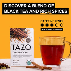 Unfolded TAZO chai tea bag ready to steep with aromatic spices.