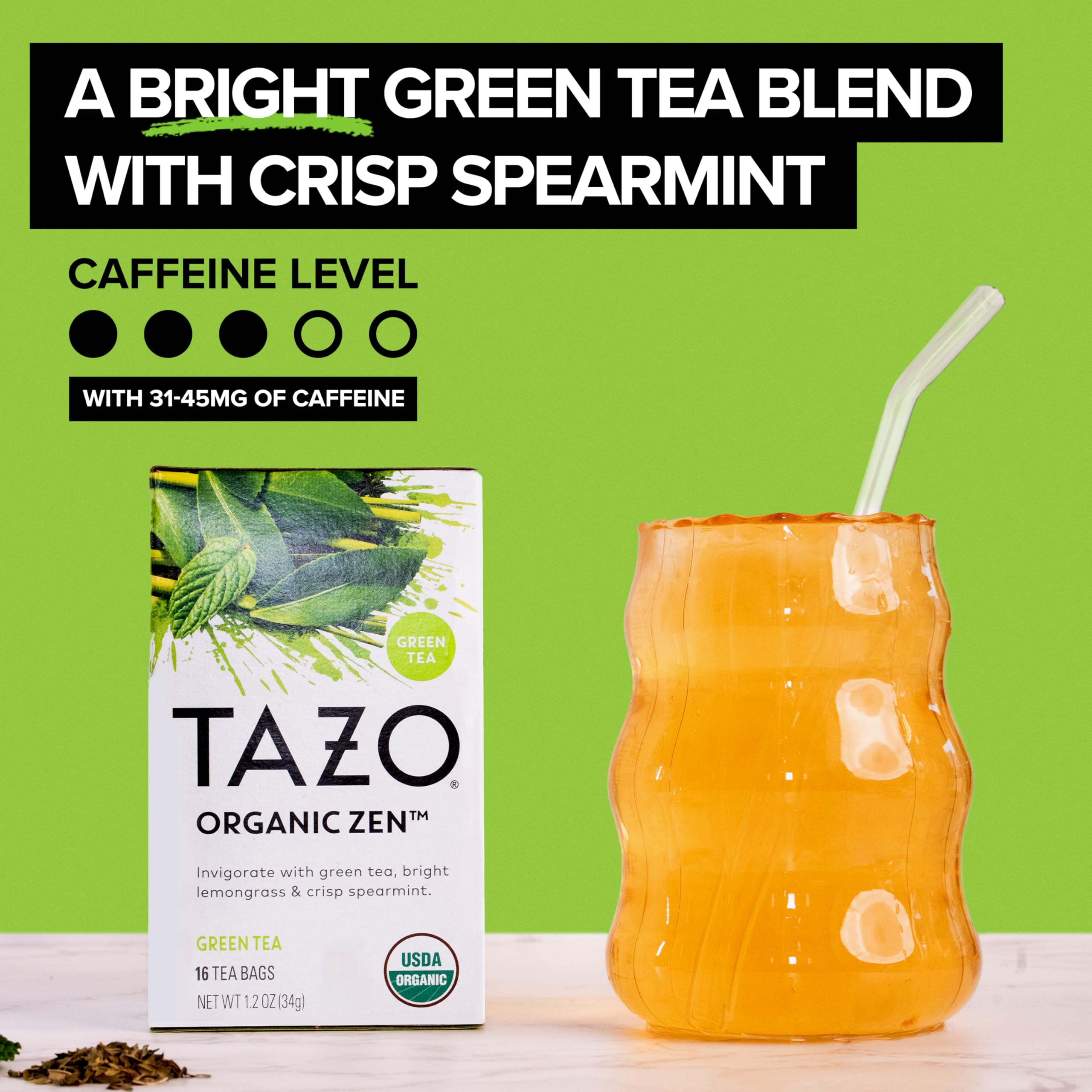 Steaming cup of TAZO Organic Zen Green Tea with mint for a calming moment