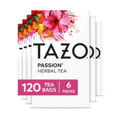 TAZO Passion Herbal Tea bags stacked in a six-box display for everyday refreshment