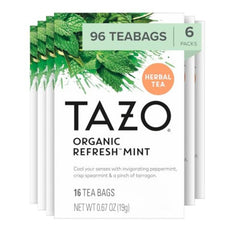 TAZO Refresh Mint tea bags ready to brew for a caffeine-free minty delight.