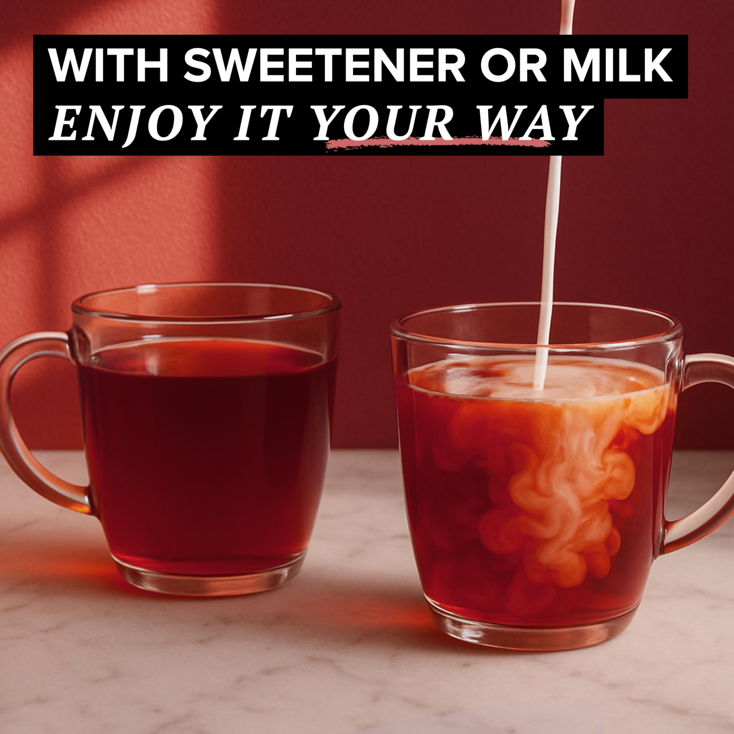 TAZO Awake English Breakfast steeping in a hot cup releasing inviting aroma