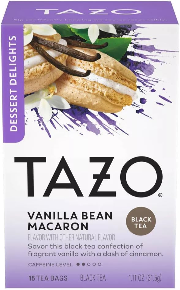 TAZO Vanilla Bean Macaron black tea cup with vanilla-coconut notes for smooth sipping.