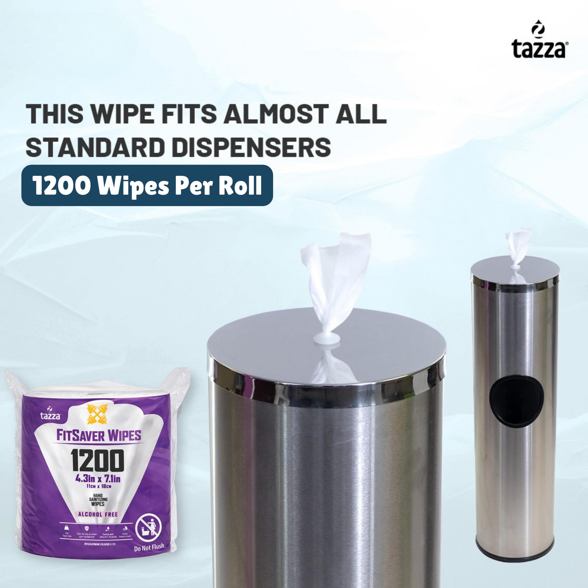 Tazza TAZZAWP1200 wipes beside a dispenser for fast cleanup