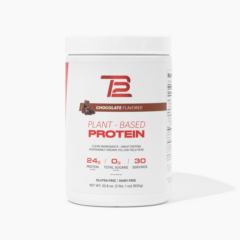 TB12 chocolate protein powder tub front showing premium vegan formula for active lifters.