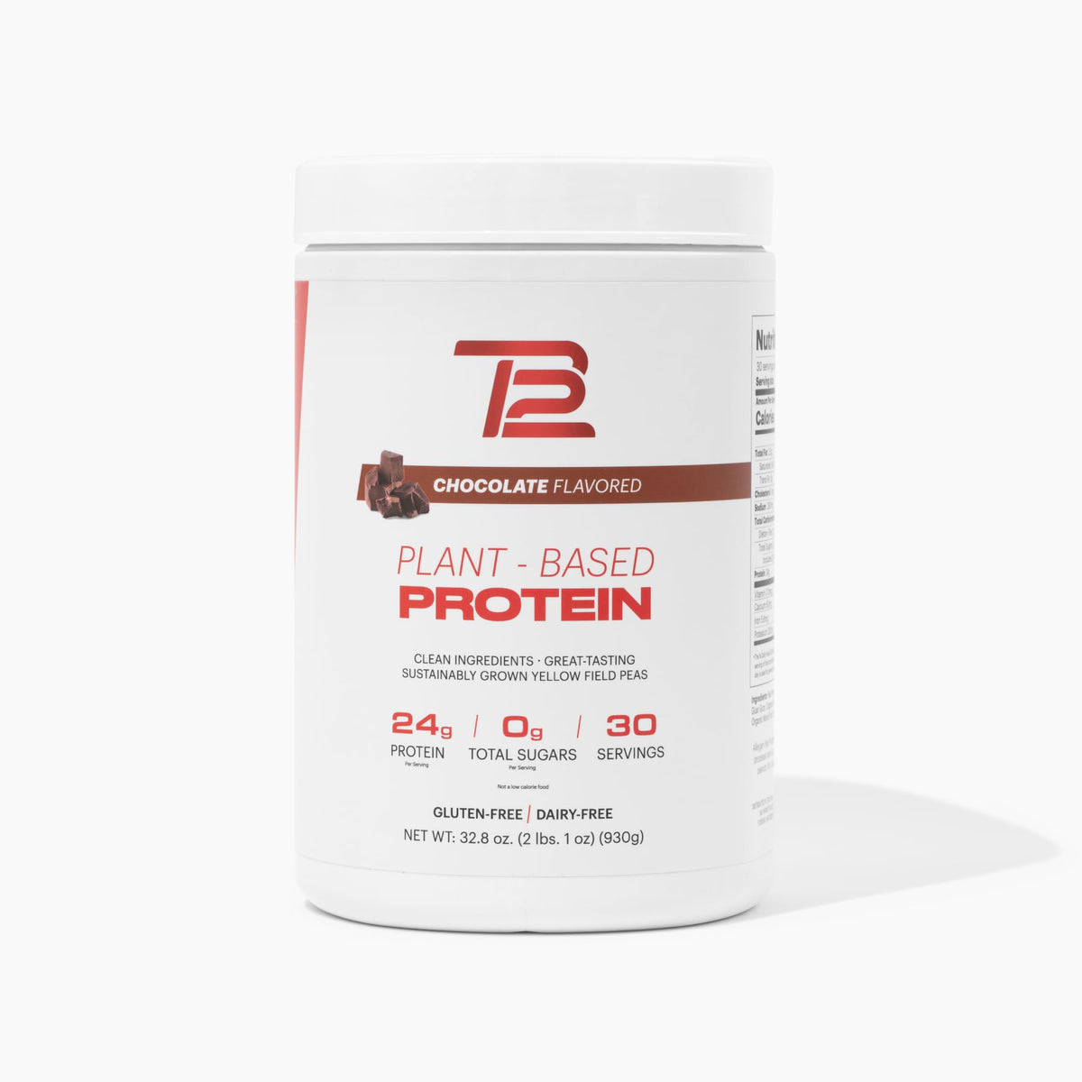 TB12 chocolate protein powder tub front showing premium vegan formula for active lifters.