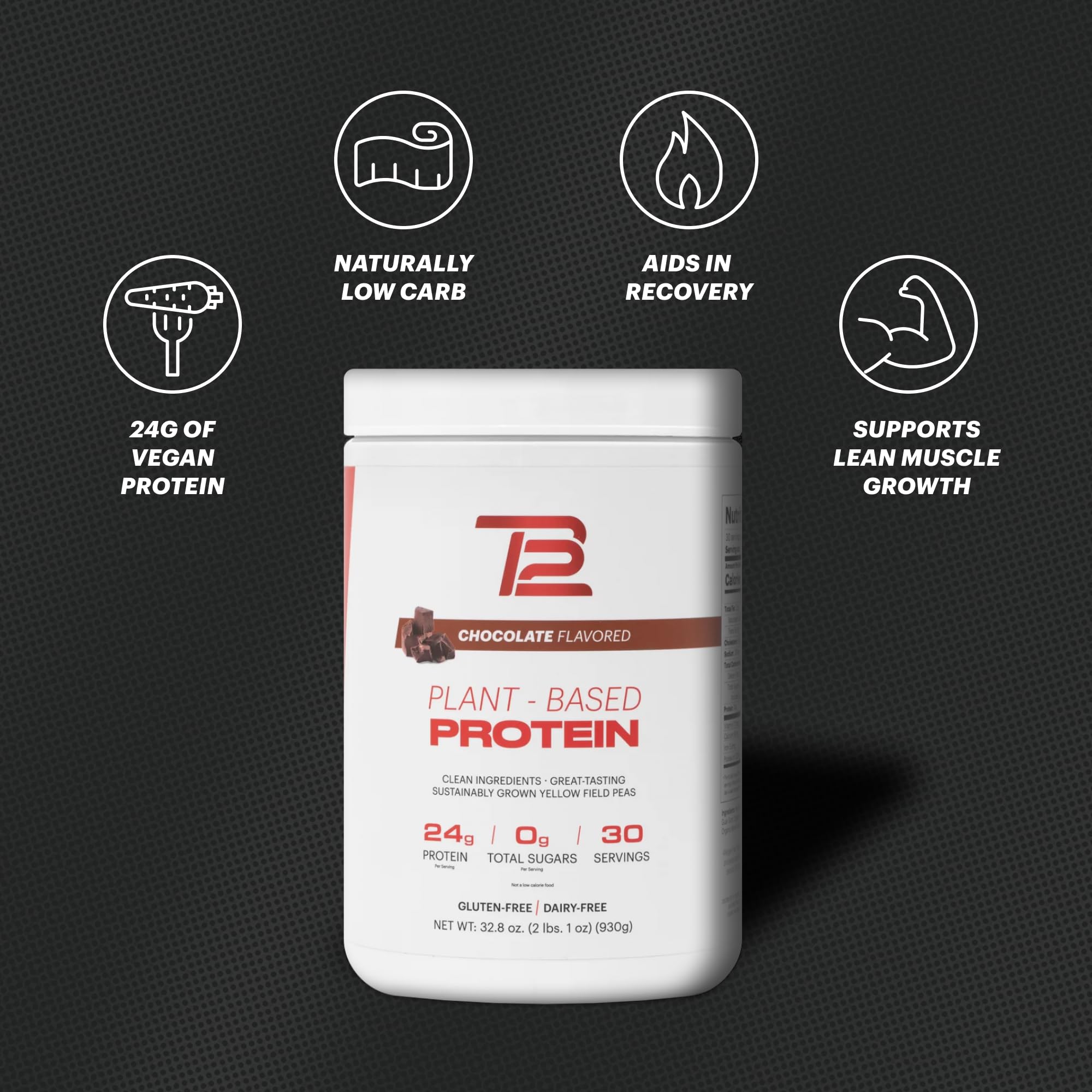 TB12 dairy-free vegan protein nutrition panel indicates 24g per serving.
