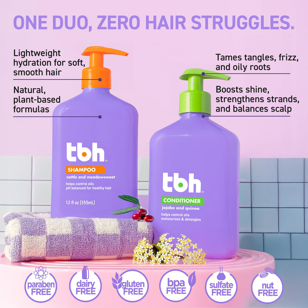 TBH conditioner bottle side highlights hydration and strength from quinoa and jojoba