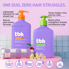 TBH conditioner bottle side highlights hydration and strength from quinoa and jojoba
