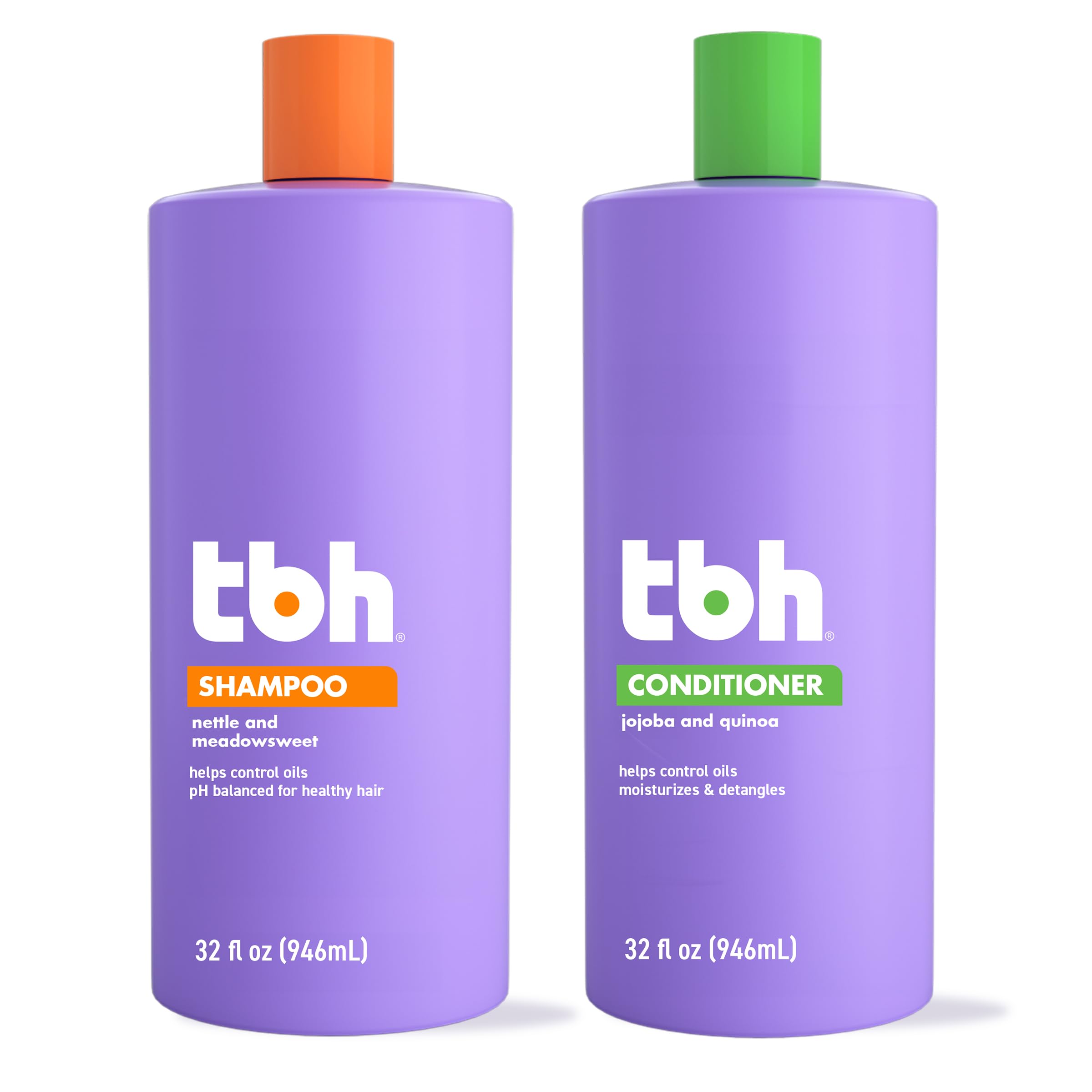 TBH shampoo bottle side shows lightweight formula for clean, balanced hair
