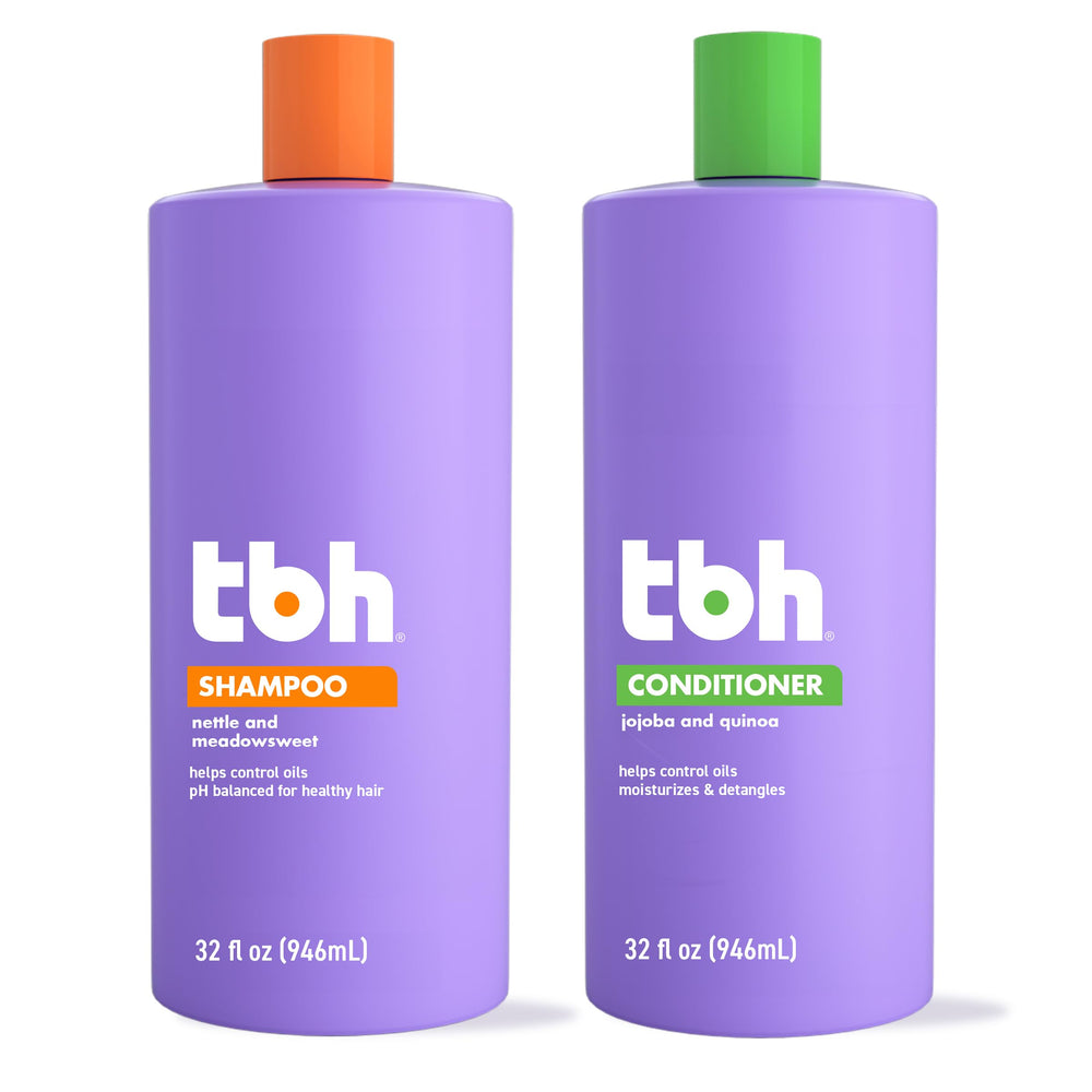 TBH shampoo bottle side shows lightweight formula for clean, balanced hair