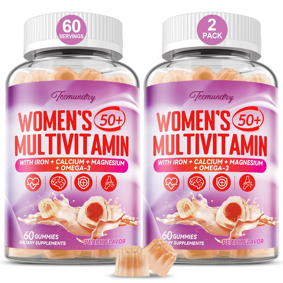 Open bottle of Tcemundry 50+ multivitamin gummies showing peach flavor and daily wellness use