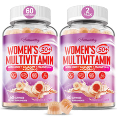 Open bottle of Tcemundry 50+ multivitamin gummies showing peach flavor and daily wellness use