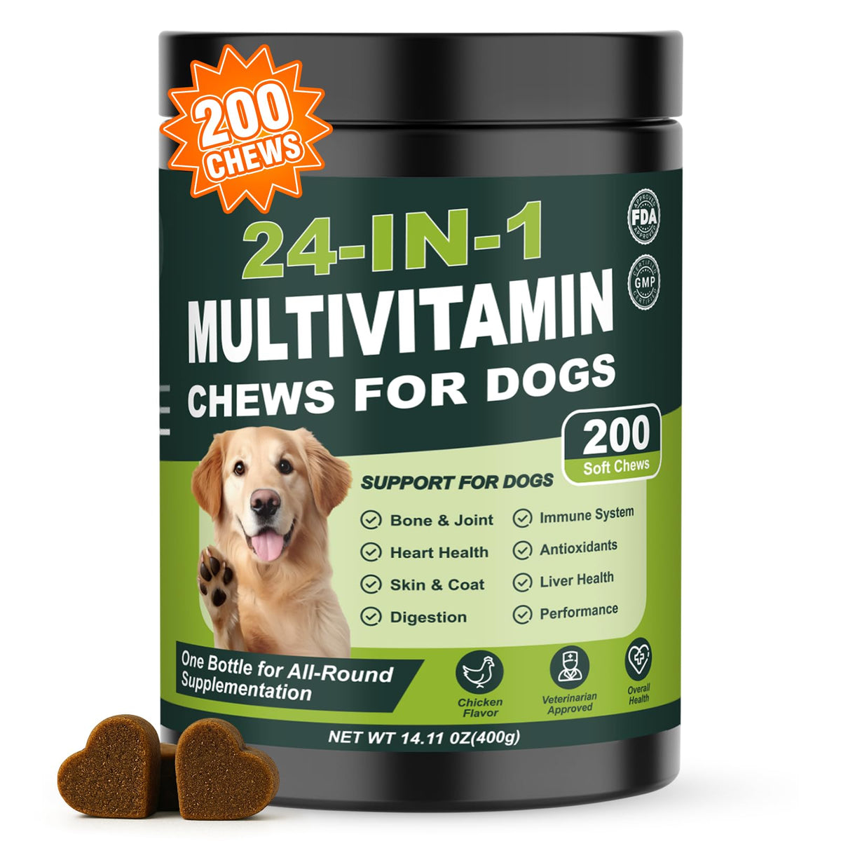 Tciika 24-in-1 dog multivitamins bottle supports overall wellness and a healthy coat.