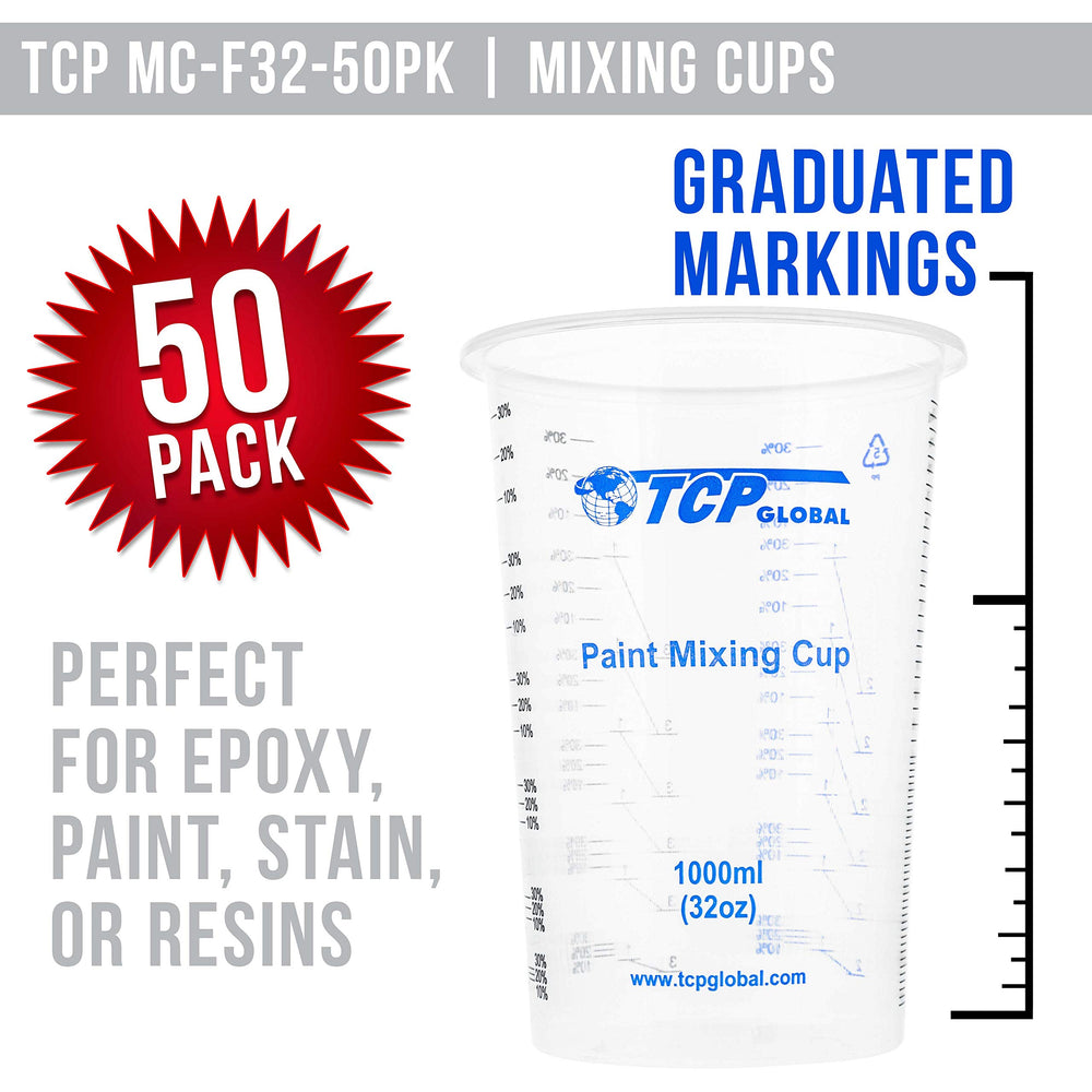TCP Global cups show 2:1, 3:1, and 4:1 measurement marks