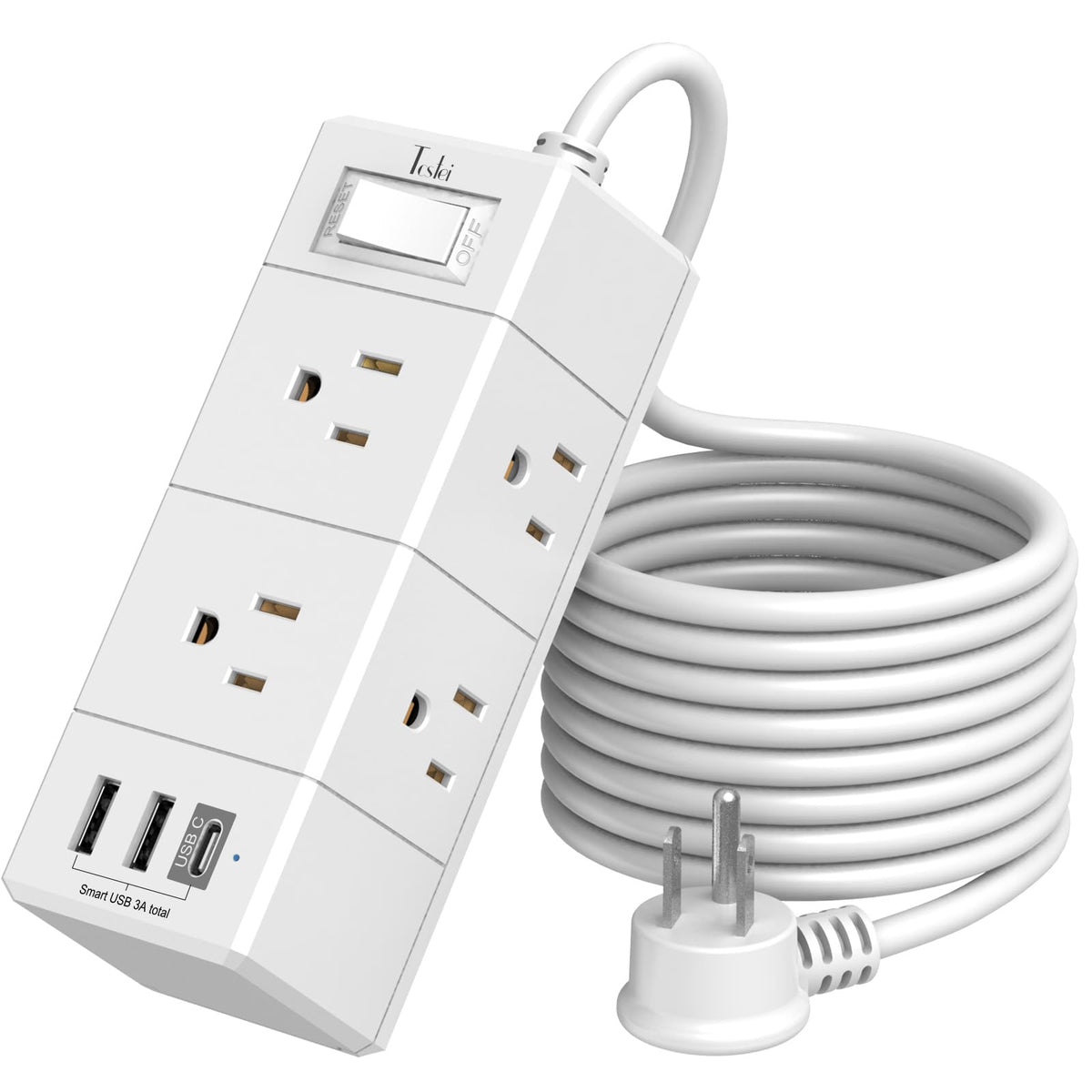 Tcstei 10ft flat-plug power strip offers flexible placement on desks and floor setups.