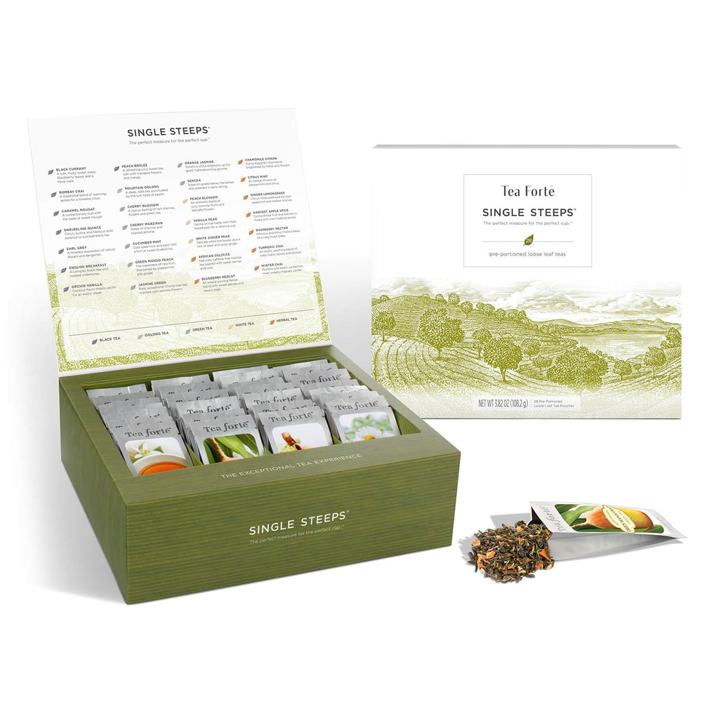 Tea Forte Single Steeps sampler packaging showing variety for tasting at home