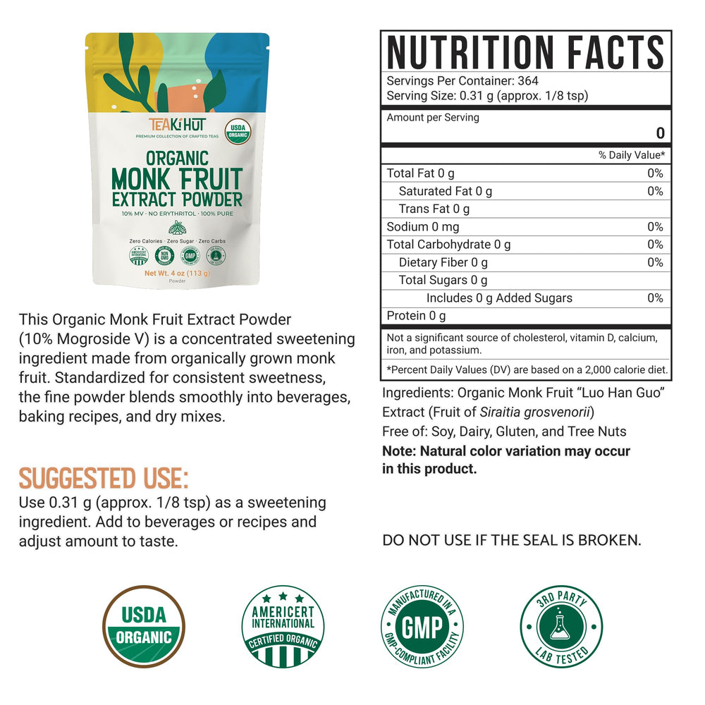 TEAki Hut Monk Fruit Powder close-up reveals fine texture and Mogroside V sweetness