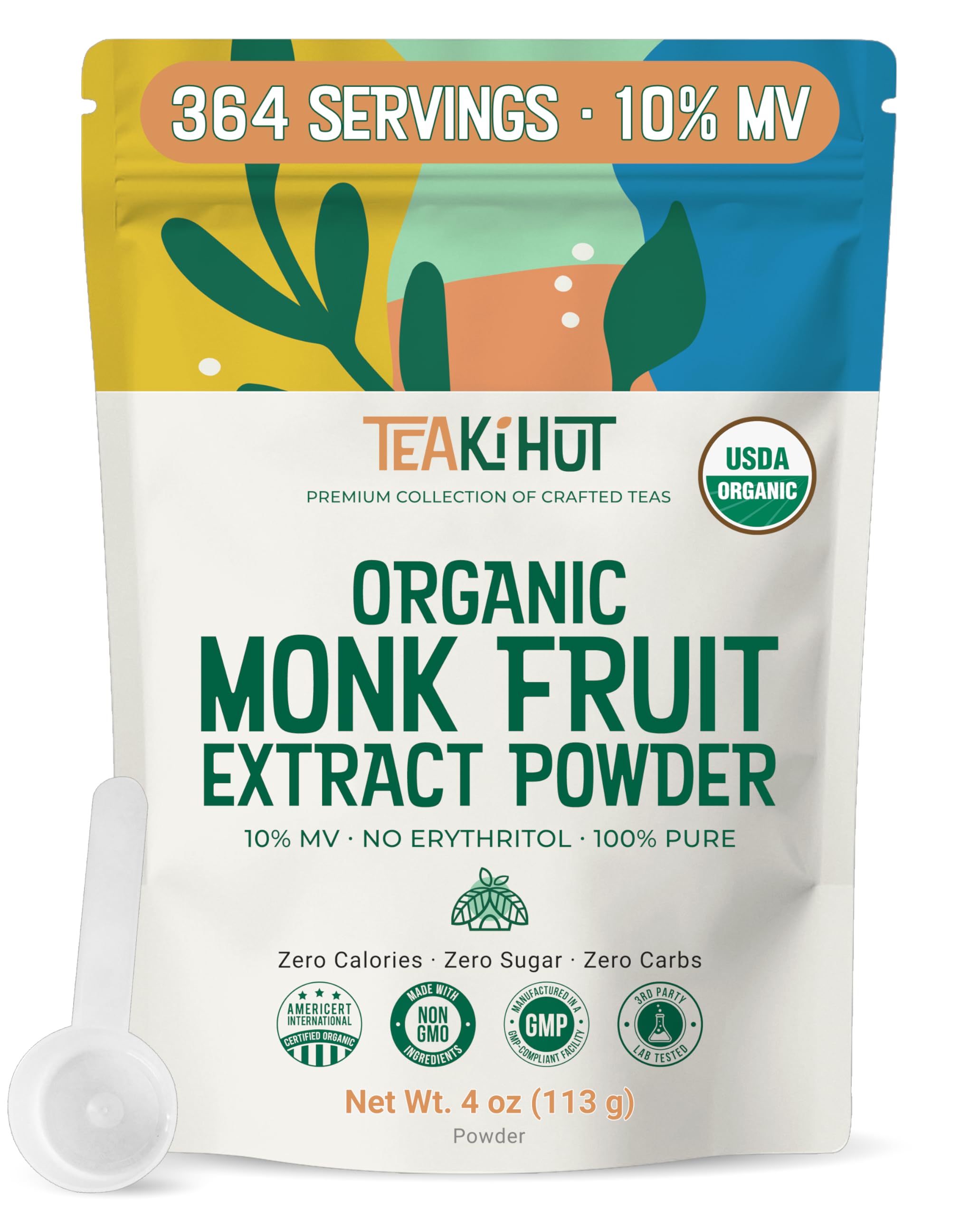 TEAki Hut Pure Monk Fruit Powder package shows zero-calorie sweetness for daily beverages