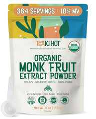 TEAki Hut Pure Monk Fruit Powder package shows zero-calorie sweetness for daily beverages