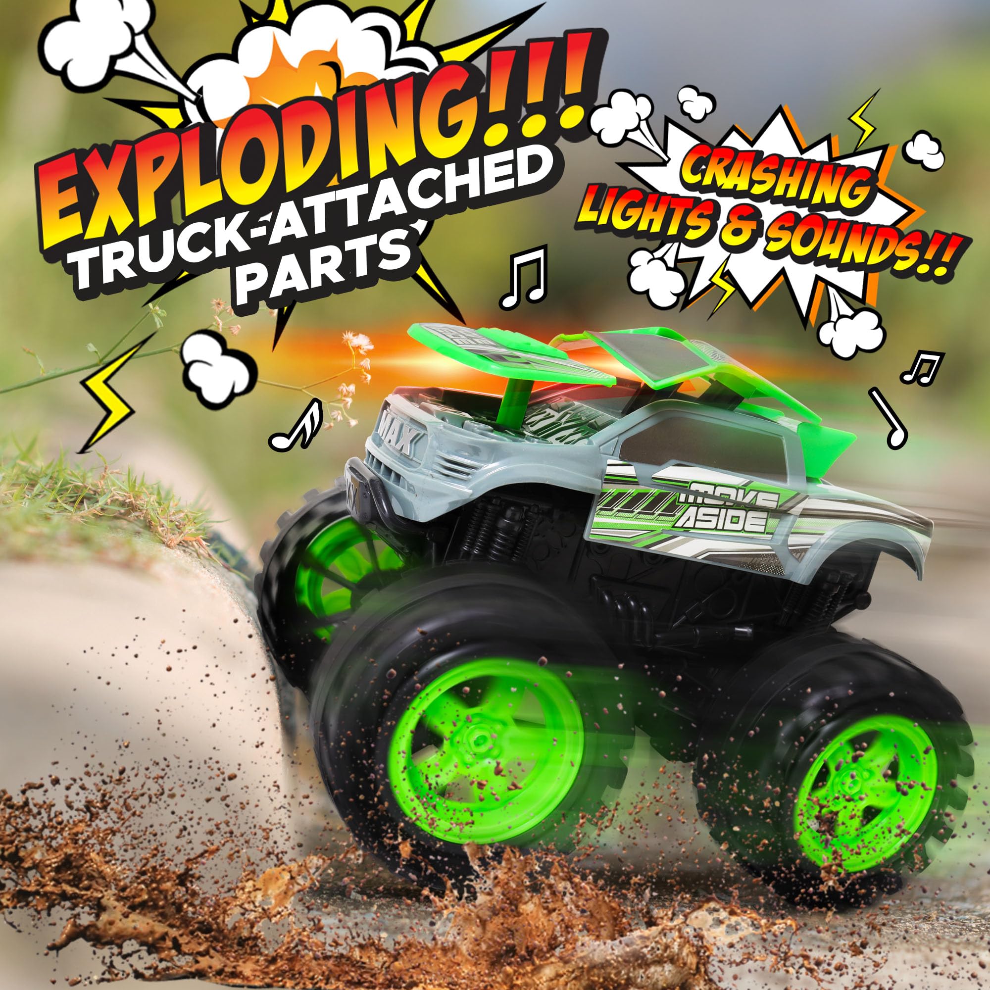 Team Power Exploding Monster Truck crash-action shot with giant wheels triggering dramatic explosions.