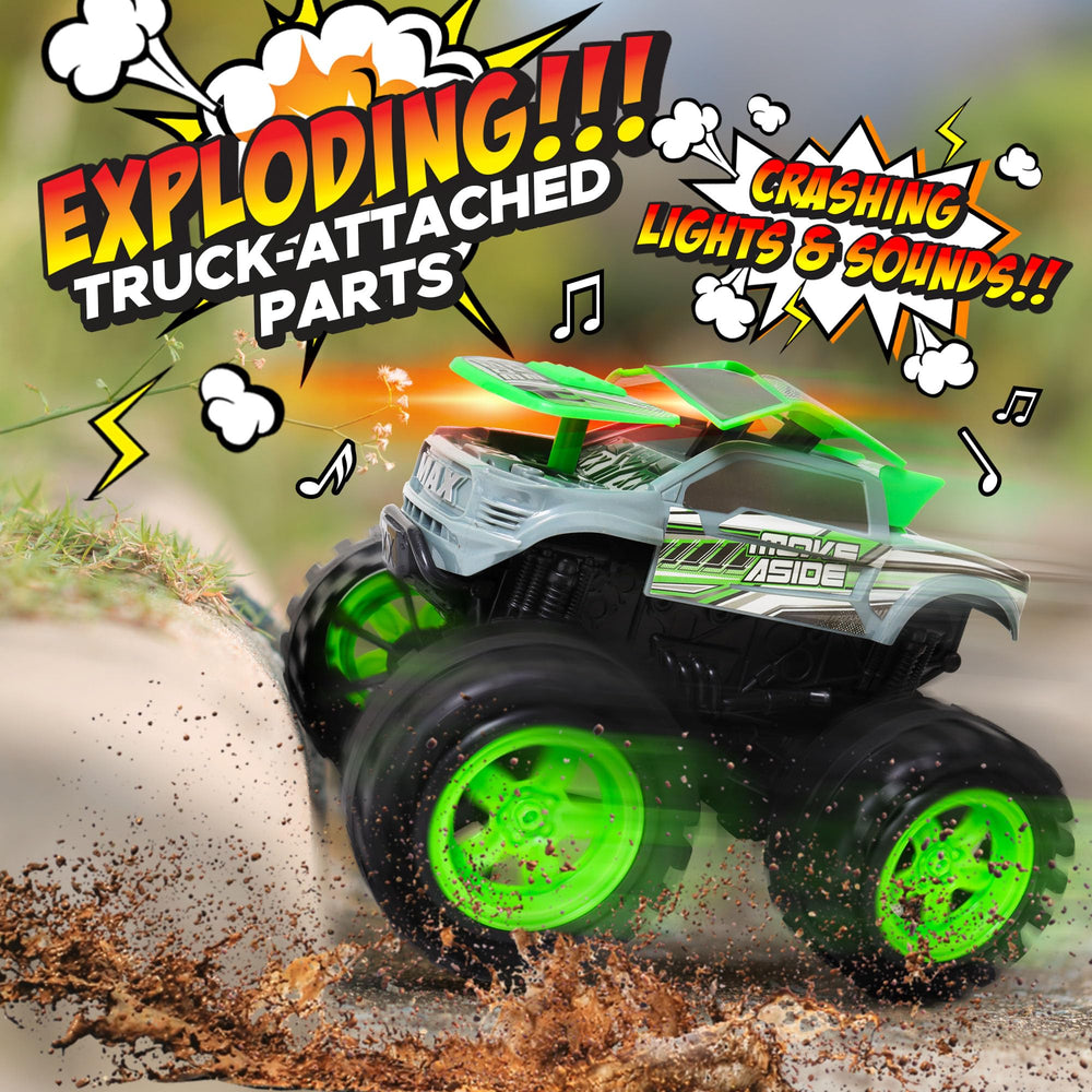 Team Power Exploding Monster Truck crash-action shot with giant wheels triggering dramatic explosions.