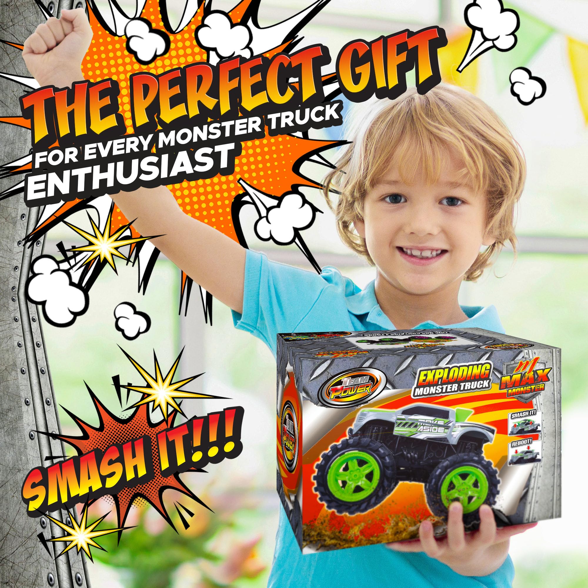 Team Power Exploding Monster Truck held by kids for active, imaginative play.