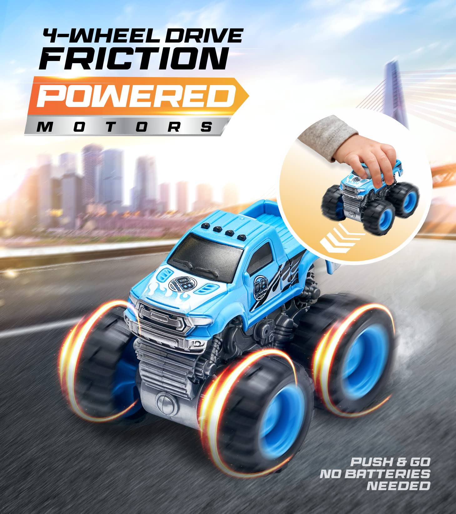 Team Power Monster Trucks performing 360° stunts for thrilling play