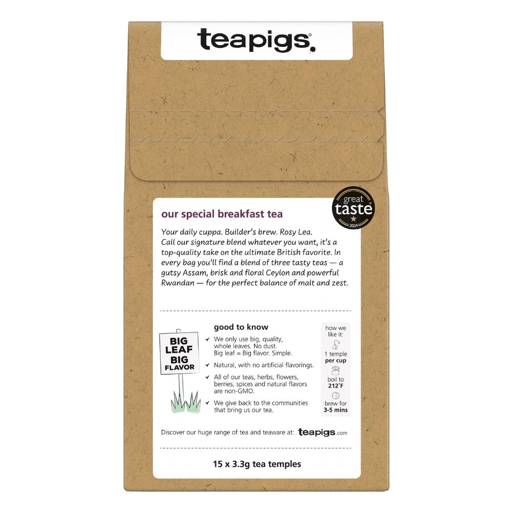 teapigs English Breakfast brewed cup showing bold malty notes and zesty finish