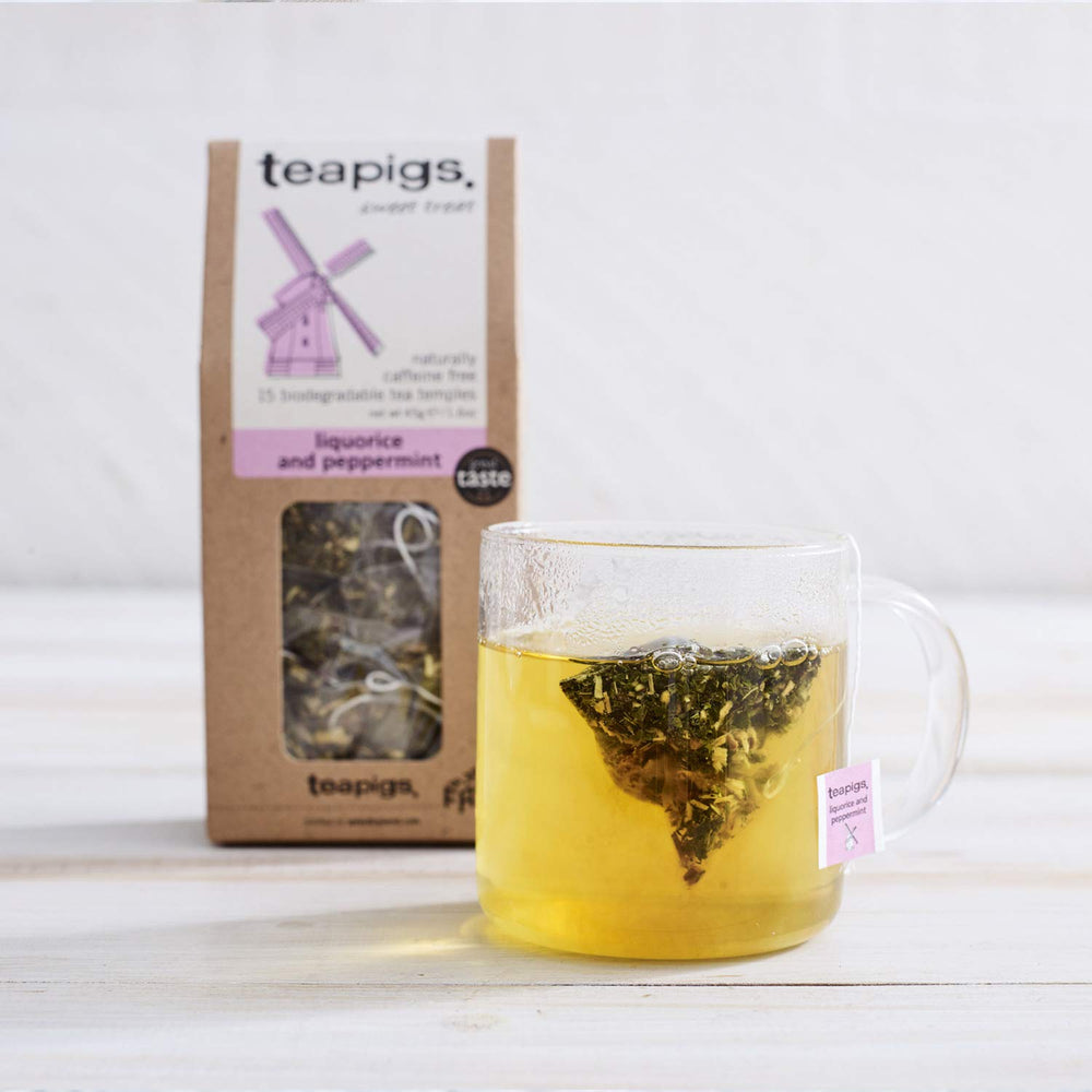 teapigs liquorice peppermint tea bags closeup leaves showcases whole-leaf quality and natural sweetness