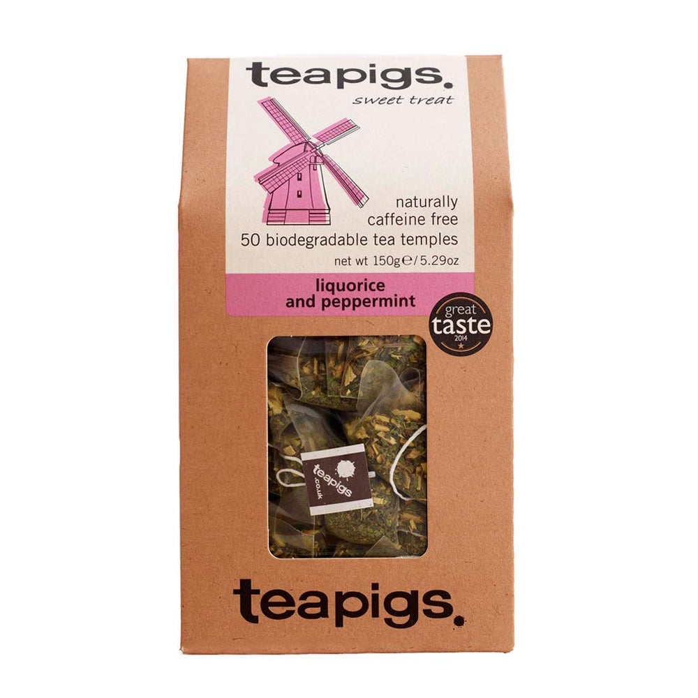 teapigs liquorice peppermint tea bags pack shot highlighting the soothing, naturally sweet blend