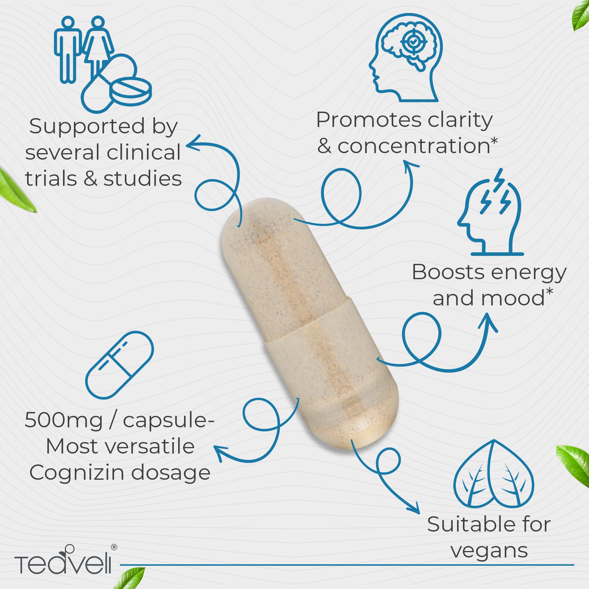 Teaveli Cognizin bottle label highlights high dosage and vegan, GMO-free formula.