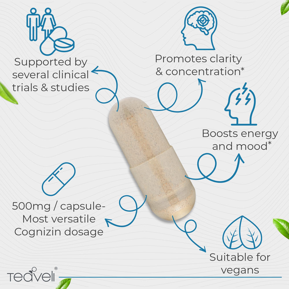 Teaveli Cognizin bottle label highlights high dosage and vegan, GMO-free formula.