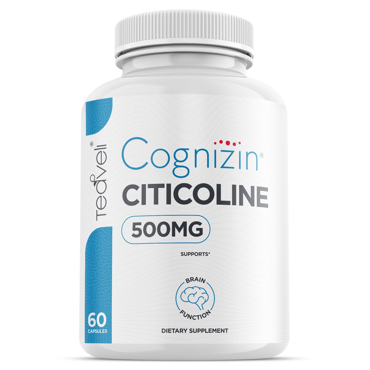 Teaveli Cognizin capsule bottle closeup suggesting potential support for focus and brain energy.